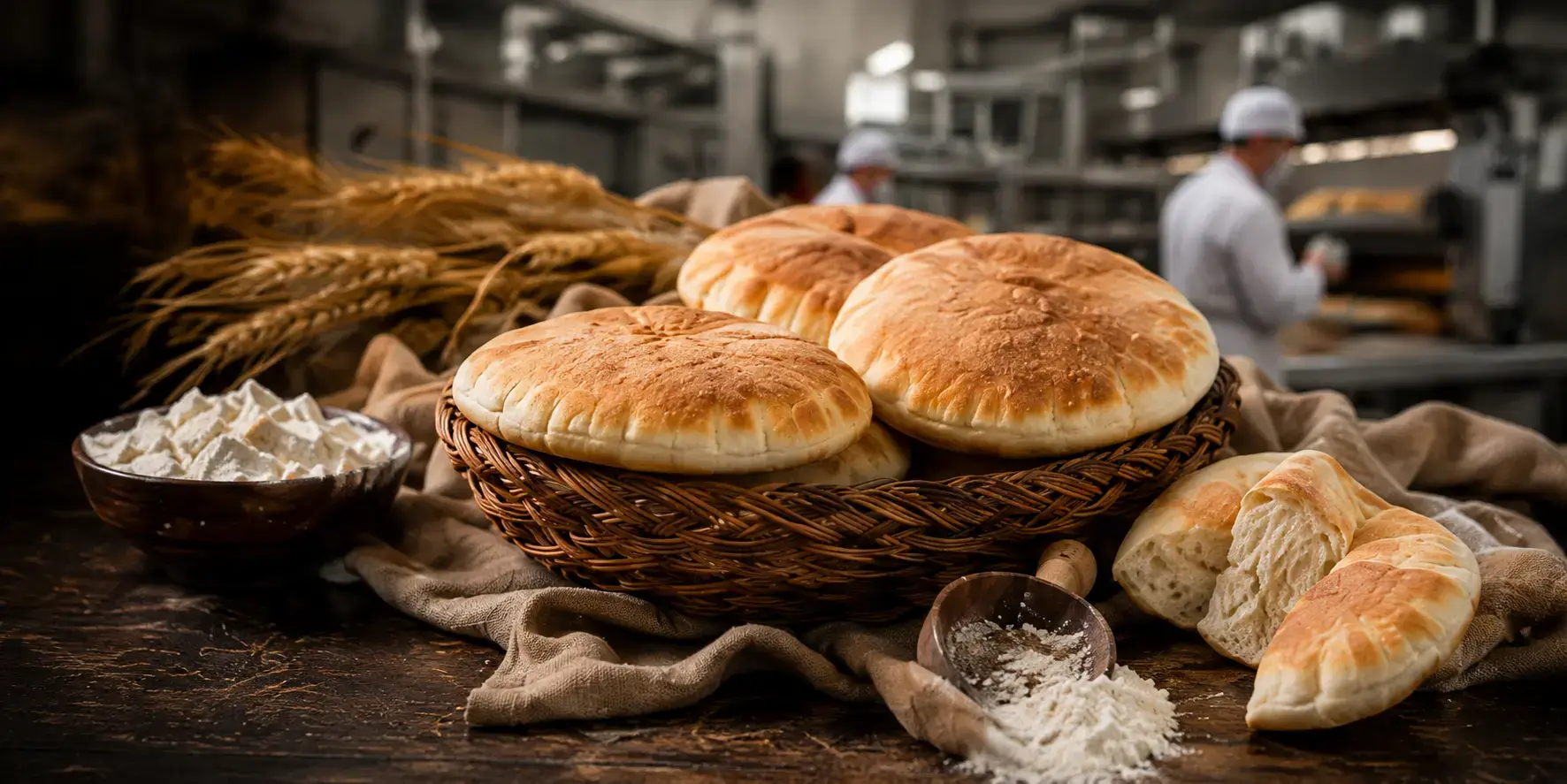 Gebackene Fladenbrote in einem Korb mit Weizenähren und Mehl vor der Produktionslinie von Gerti Foods.