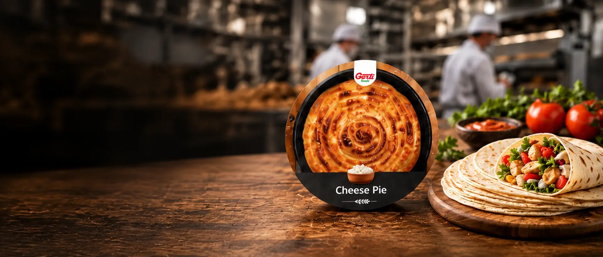 Gerti Foods byrek pack and tortilla wraps in a restaurant kitchen